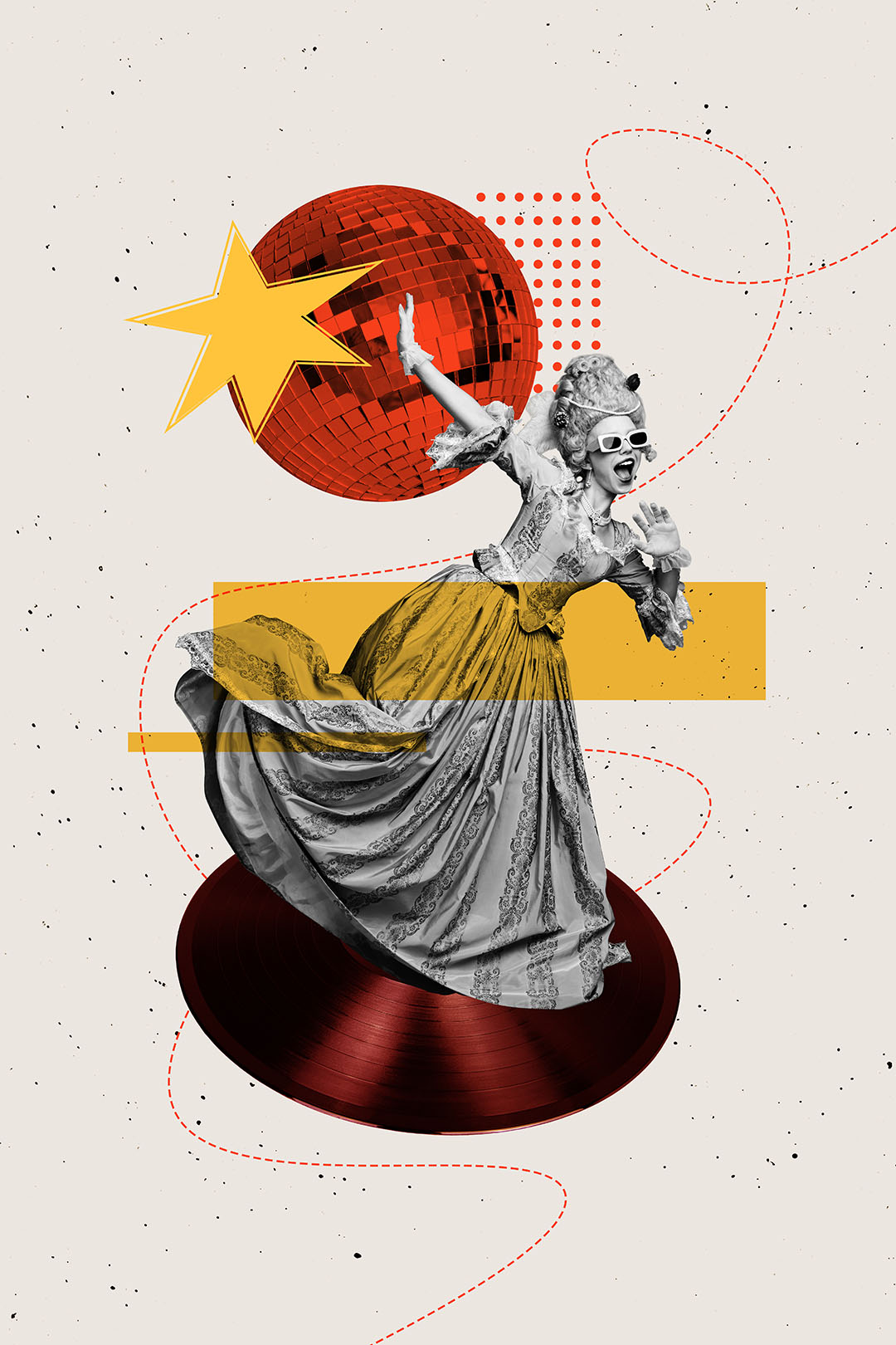 Trend artwork sketch montage 3D collage of clubber event carefree discoball young lady dance rococo feather accessory aristocratic style